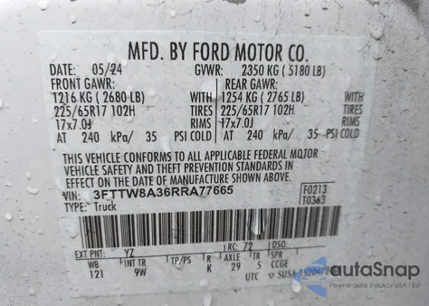 2024 Ford Maverick Xl z USA, uszkodzony, nr VIN 3FTTW8A36RRA77665